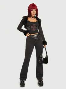ROMWE Grunge Punk Cross Embroidery Flare Leg Jeans - Black - View 2