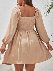 SHEIN VCAY 大碼圓點水溶蕾絲拼接燈籠袖洋裝 - 卡其色 - 查看 2