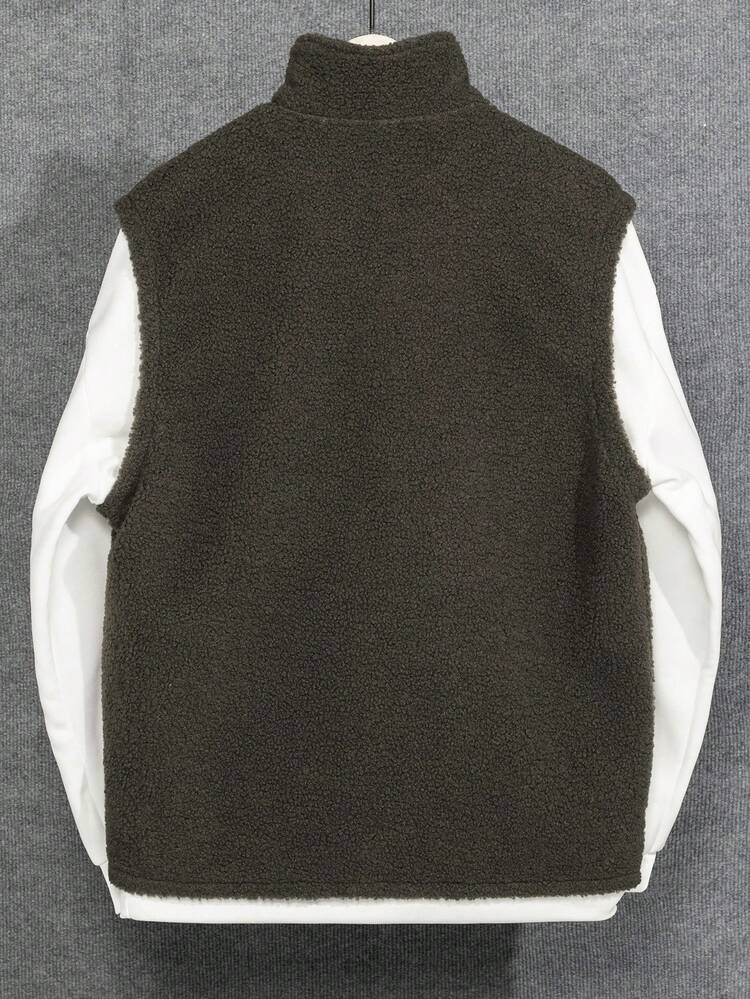 Loose Fit Men's Letter Embroidered Fleece Vest Jacket With Slant Pockets