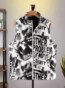 Manfinity LEGND Loose Fit Men's Letter Graphic Zip Up Sleeveless Winter Jacket - Black and White - View 1