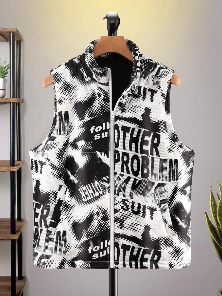 Manfinity LEGND Loose Fit Men's Letter Graphic Zip Up Sleeveless Winter Jacket - Black and White - View 1
