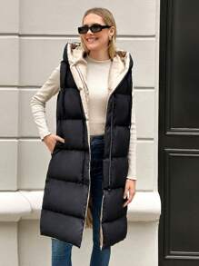 EURMUSE Solid Zip Up Hooded Puffer Vest Coat - Black - View 3