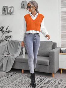 SHEIN LUNE Cable Knit Sweater Vest Without Blouse - Orange - View 4