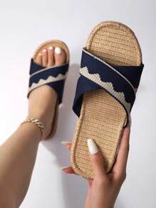 Fall/Winter Women's Comfortable And Breathable Crossed Straps Open-Toe Slippers - Navy Blue - View 3