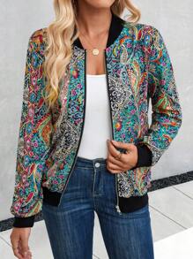 SHEIN LUNE Paisley Print Zip Up Bomber Jacket Fall Winter Cloth For Women - Multicolor - View 3