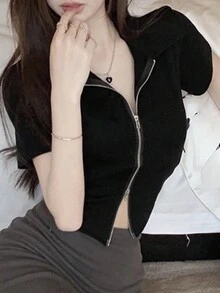 Kaos Kasual Lengan Pendek Model Crop Tanpa Lengan Leher Bulat Warna Polos Desain Resleting Ganda Musim Panas Warna Hitam - Hitam - View 10