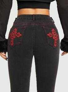 ROMWE Grunge Punk Cross Embroidery Flare Leg Jeans - Black - View 4