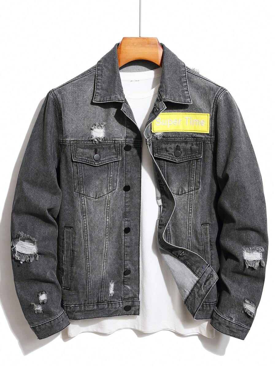 Manfinity Homme Men Letter Graphic Ripped Denim Jacket Without Tee