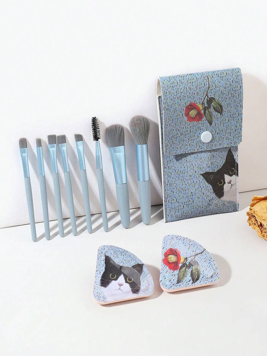 GALLERY  K 可愛奶牛,貓&花朵設計化妝刷套裝 - 彩色 - 查看 1