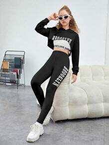SHEIN 青少年女孩字母圖案短款連帽衫&緊身打底褲&背心上衣 - 黑色 - 查看 1