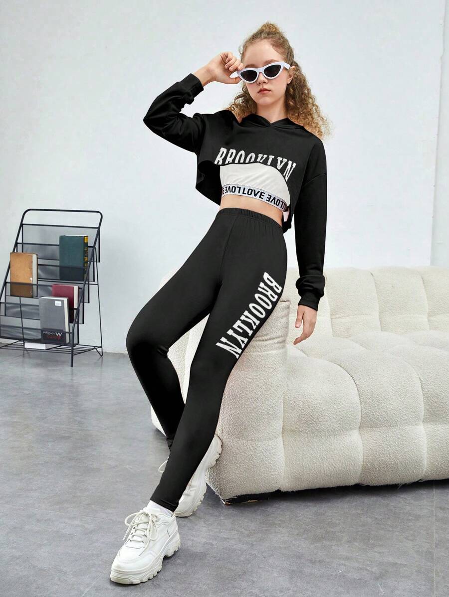 SHEIN 青少年女孩字母圖案短款連帽衫&緊身打底褲&背心上衣 - 黑色 - 查看 1