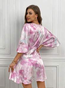 SHEIN Privé 紮染蝙蝠袖圍裹側打結洋裝 - 粉色 - 查看 2