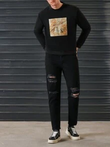 RueChic Men Marble Print Sweatshirt - Black - View 4