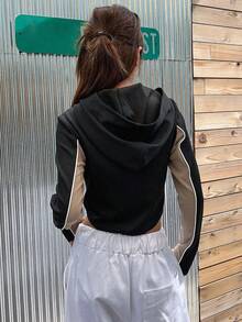 DAZY Colorblock Zip Up Crop Hooded Jacket - Black - View 2