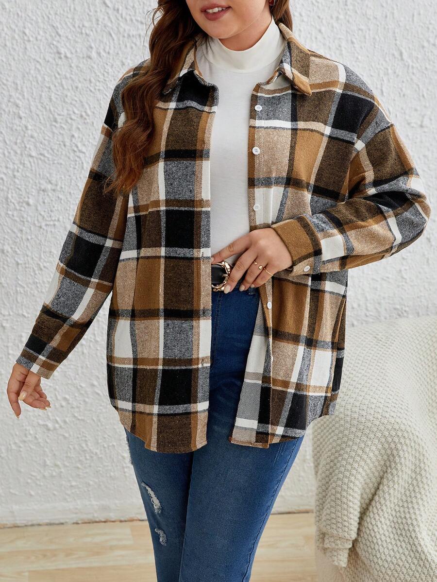 SHEIN Frenchy Plus Plaid Print Drop Shoulder Coat Winter Fall Autumn - Khaki - View 1