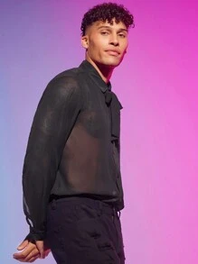 Manfinity Fever City Hombres Camisa de cuello con cordón transparente de gasa - Negro - Ver 4