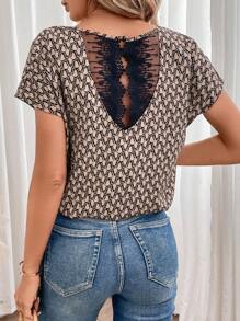 SHEIN Frenchy Allover Print Contrast Lace Batwing Sleeve Blouse - Khaki - View 6