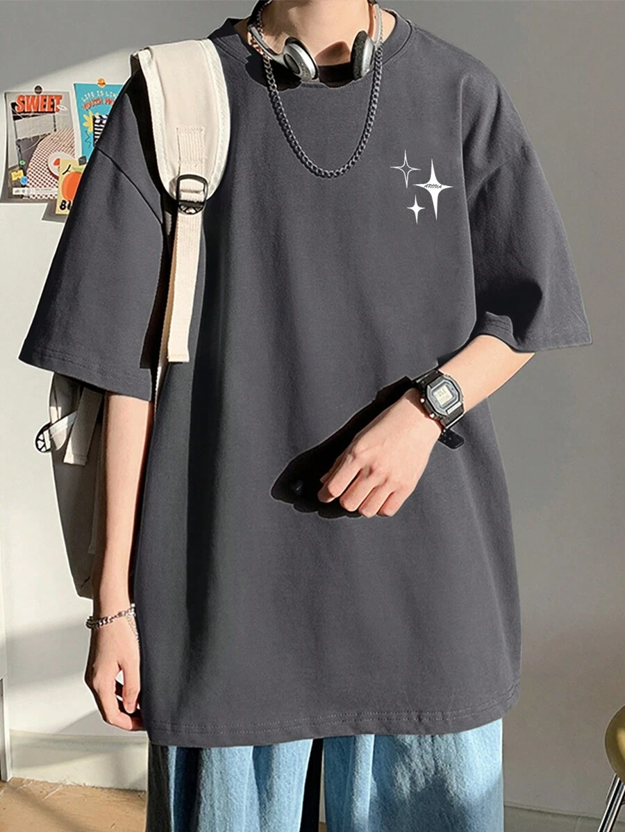Hombres Camiseta de hombros caídos con estrella con con estampado de letra - Gris Oscuro - Ver 1