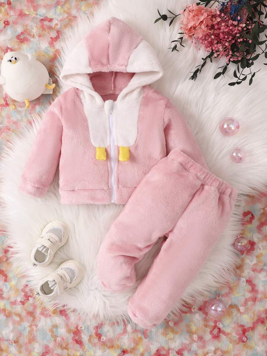 女嬰雙色3D耳朵設計連帽毛絨夾克和褲子 - 粉色 - 查看 1