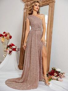 One Shoulder Split Thigh Sequin Formal Dress