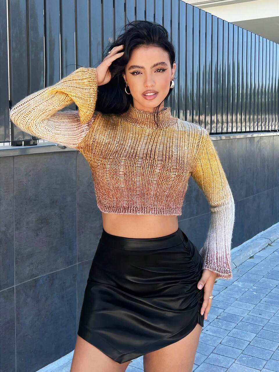 Mock Neck Flare Sleeve Ombre Crop Sweater