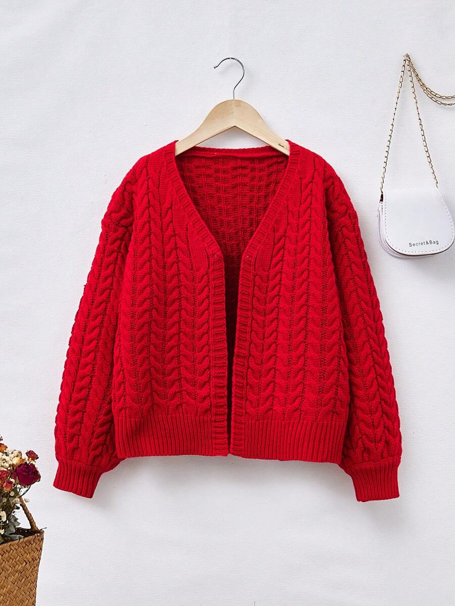 SHEIN Áo khoác cardigan trễ vai cho bé gái tuổi teen - Đỏ - Xem 1