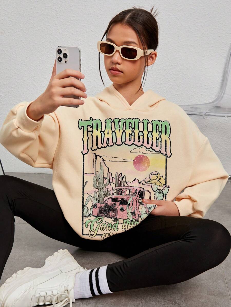 Teen Girl Car & Slogan Graphic Drop Shoulder Sweatshirt - Beige - View 1