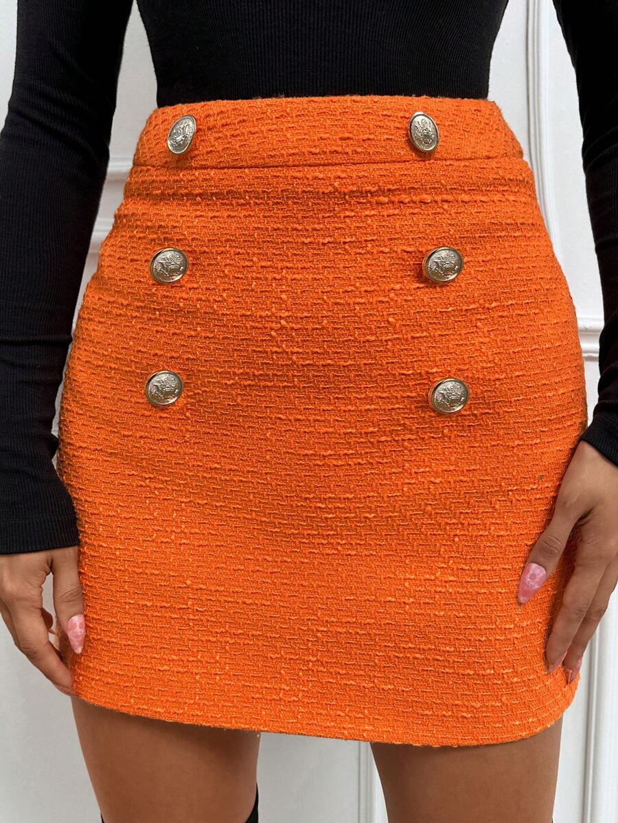 SHEIN Cottnline High Waist Button Detail Bodycon Skirt - Orange - View 1