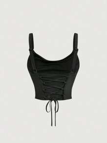 SHEIN MOD 女士纯色褶皱吊带背心 - 黑色 - 查看 2