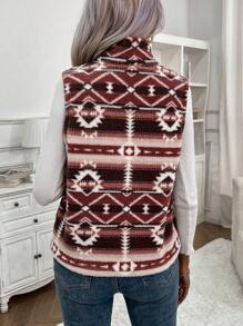 EMERY ROSE Geo Pattern Zip Up Teddy Vest Jacket - Multicolor - View 2