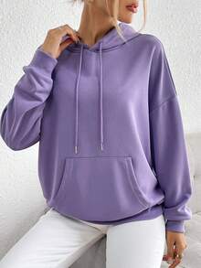 SHEIN EZwear 標語圖案落肩袖抽繩連帽衫 - 紫色 - 查看 6