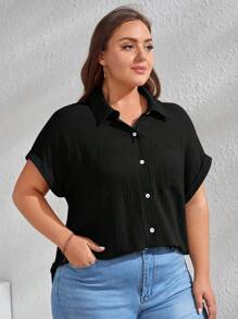 SHEIN Clasi 休閒口袋 前紐扣純色加大襯衫 - 黑色 - 查看 5