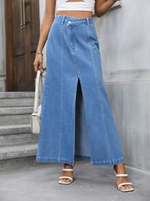 SHEIN Privé Split Thigh Denim Skirt - Blue - View 3