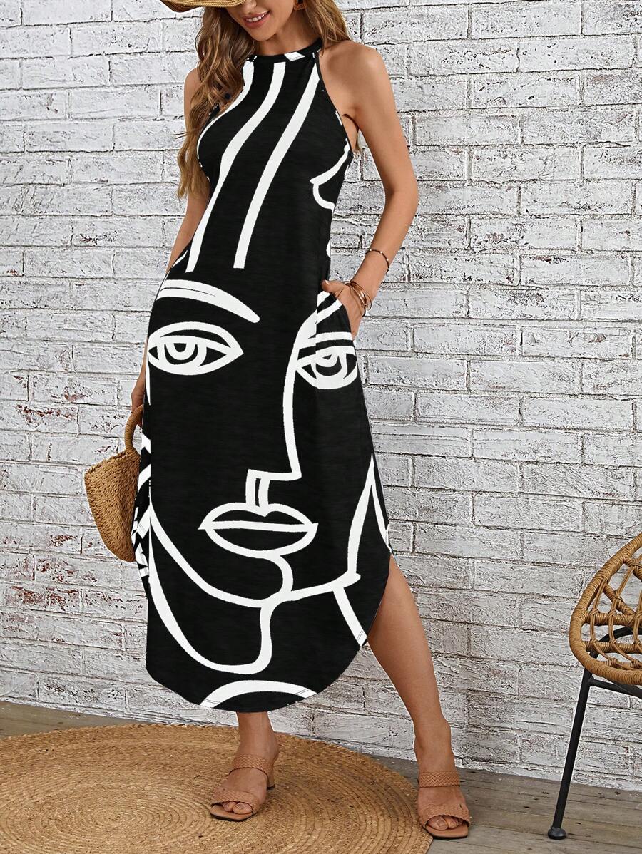 EMERY ROSE 人像圖案隱藏口袋弧形下擺洋裝 - 黑色 - 查看 1