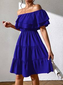 Chiquease 休閒荷葉邊 揉皺 多層分層純色女士連衣裙 - 寶藍色 - 查看 5