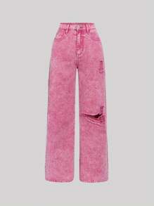 SHEIN Girlism Teen Girl Ripped Straight Leg Jeans - Hot Pink - View 1