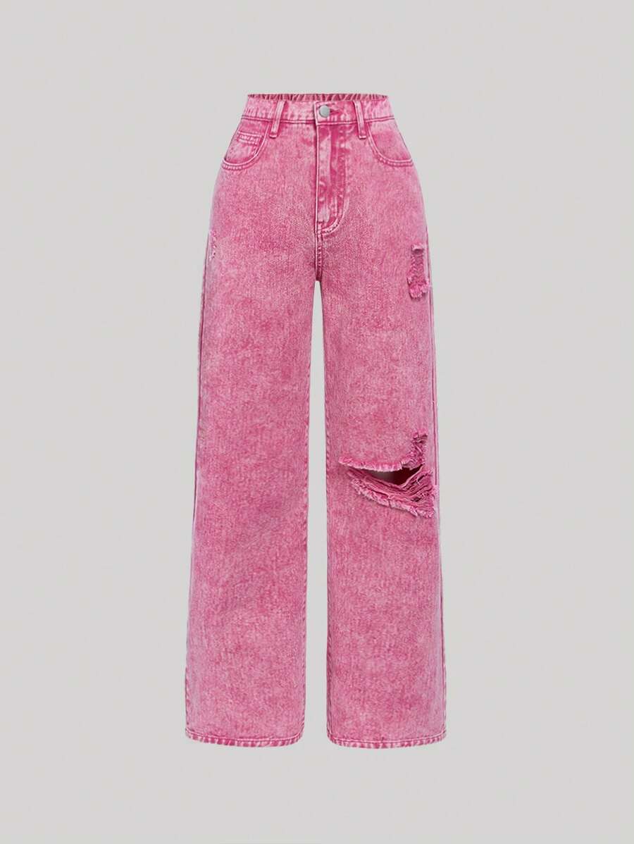SHEIN Girlism Teen Girl Ripped Straight Leg Jeans - Hot Pink - View 1