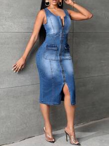 SHEIN SXY 休閒口袋 拉鍊 開衩純色女士牛仔連衣裙 - 深色水洗藍 - 查看 3