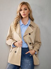SHEIN Essnce Double Breasted Trench Coat - Camel - View 4