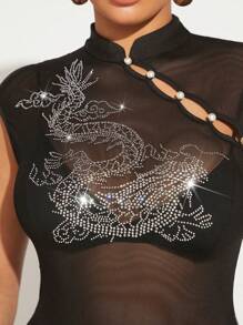 SHEIN SXY Rhinestone Detail Cut Out Mesh Bodysuit Without Lingerie Set - Black - View 6