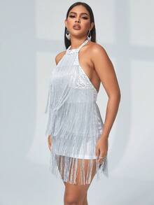 Váy xếp tầng có dây viền trang trí không lưng đính sequin - Bạc - Xem 4