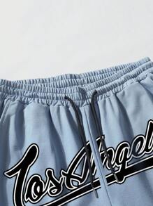 Manfinity Campus Court Quần short nam dáng rộng có thiết kế in chữ và viền tương phản, có dây rút ở eo, quần short bóng rổ - Màu xanh lam - Xem 4