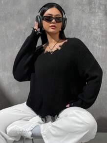 SHEIN EZwear 大碼落肩袖破洞毛衣 - 黑色 - 查看 4