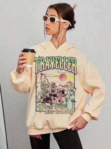 Teen Girl Car & Slogan Graphic Drop Shoulder Sweatshirt - Beige - View 3