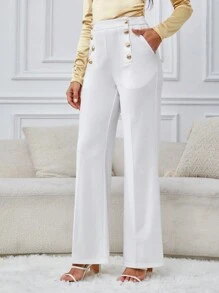 SHEIN Tall Chi tiết Nút Chân bùng Quần tây - trắng - Xem 4