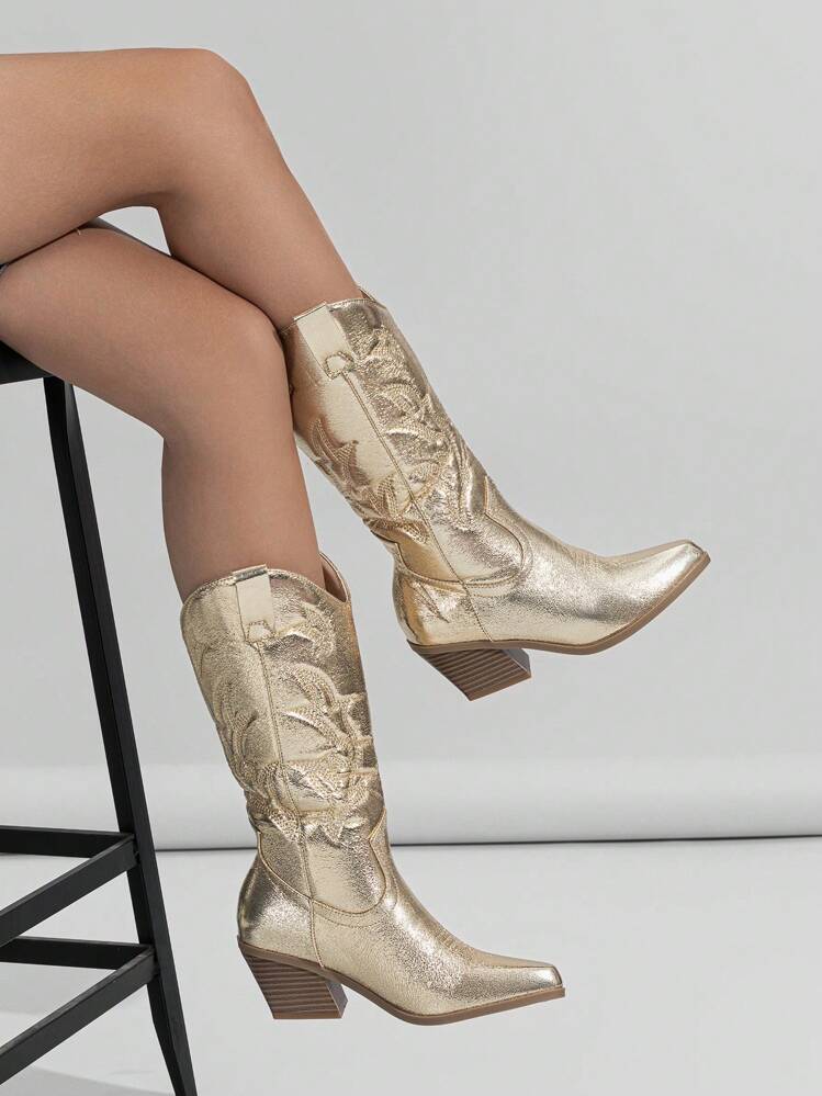 Western Pointed Toe Embroidered Chunky Heel Boots For Winter - Gold - View 2