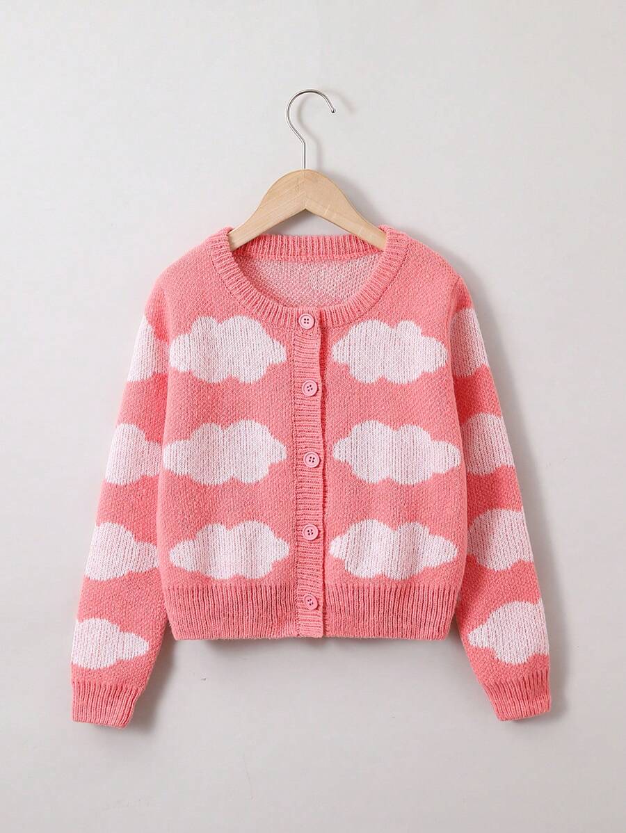 SHEIN 女大童雲朵圖案開襟衫 - 粉色 - 查看 1