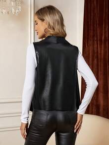 SHEIN Clasi Waterfall Collar PU Leather Vest Coat - Black - View 2