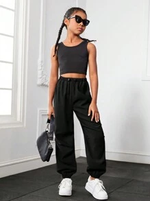 SHEIN Tween Girl Solid Drawstring Waist Pants - Black - View 3