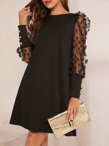 SHEIN Clasi Contrast Mesh Appliques Detail Dress - Black - View 1